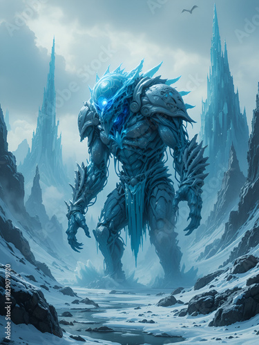 Colossal Icy Golem Stalking Frozen Desolate Landscape with Glowing Crystalline Spires