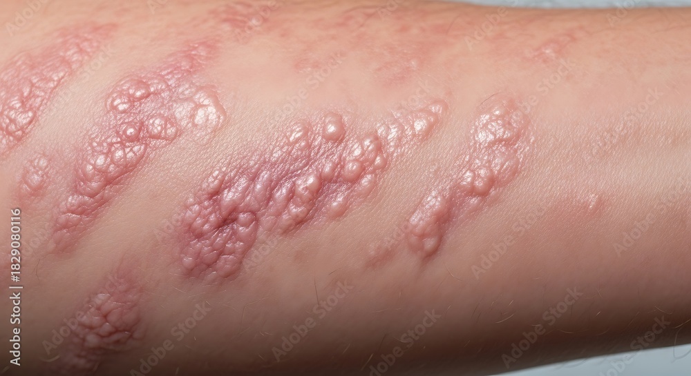 Fototapeta premium Close-up of Psoriasis Skin Condition on Human Arm with Red Patches and Scales.