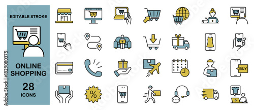 E-commerce Online Shopping Line Icons Set.Editable Stroke, Colored Vector Illustration