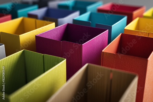 Cardboard boxes in vibrant colors ready for folding at a print production facility