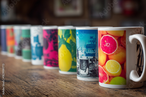 Freshly printed mugs showcase vivid graphics highlighting the artistry of custom printing techniques in a vibrant workspace setting