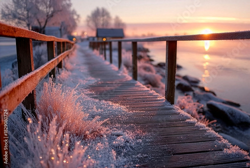 Frosty wooden boardwalk at sunrise by a calm winter shoreline