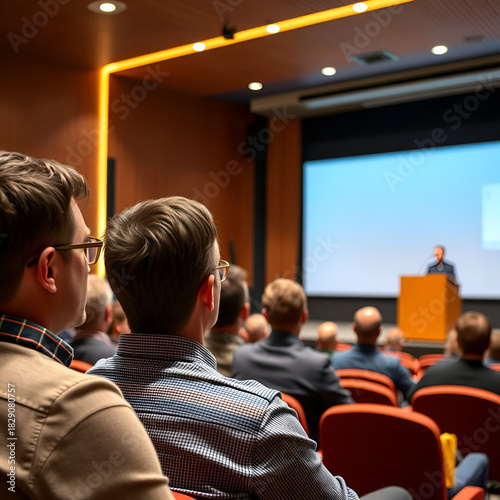 Audience Listening to a Speaker at a Podium in a Bright Auditorium