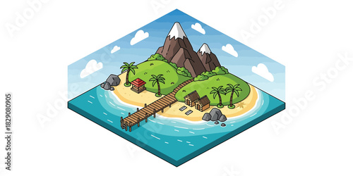 Isometric island featuring mountains, palm trees, and a wooden pier offers a tranquil escape in a serene tropical paradise, inviting relaxation and adventure.