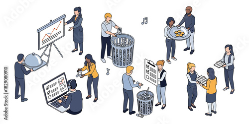 Diverse group of business people working together on various tasks in a modern office setting, showing teamwork and productivity with a collaborative atmosphere.