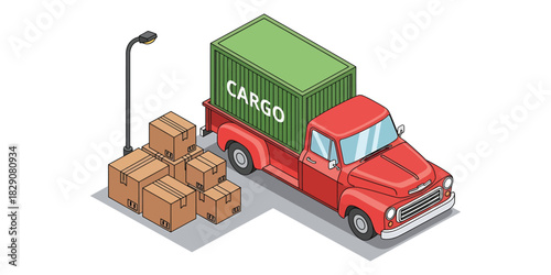Red pickup truck carrying cargo container stands near stacked cardboard boxes in isometric view, conveying delivery and transportation theme.