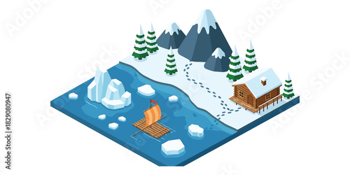 Raft floats near icy shore towards cabin in snowy mountain landscape during winter, conveying a sense of remote adventure and peaceful isolation.