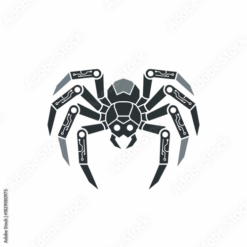 Futuristic robotic spider icon with mechanical legs and circuit patterns on a white background.