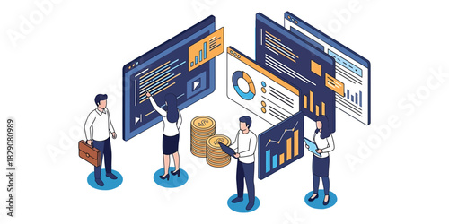 Business team analyzing data on multiple screens in modern office, showcasing collaboration and datadriven decision making with a positive and professional atmosphere.