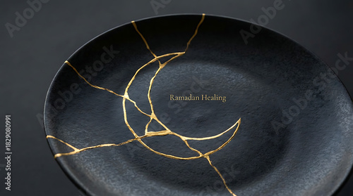 Kintsugi bowl with golden repair lines closeup dark background.