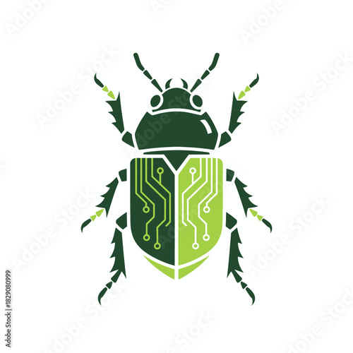 Stylized green beetle illustration with a circuit board design on its wings, symbolizing technology and nature.
