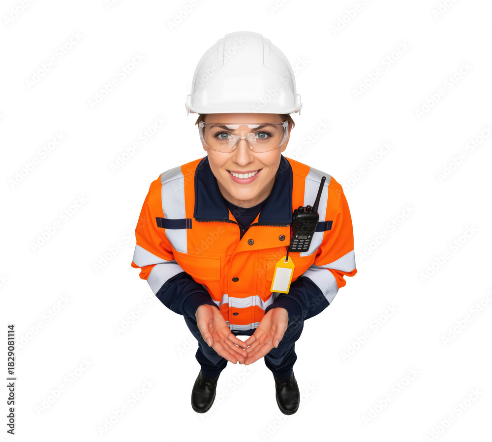 Fototapeta premium Frontline safety champion inviting workers to speak up about hazards on site to support zero harm culture initiatives, near miss reporting programs and occupational risk prevention efforts