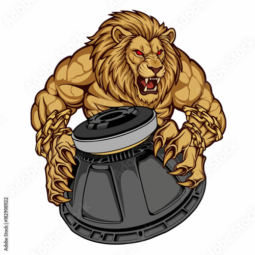 A powerful lion with a muscular build clutches a large speaker, roaring fiercely.
