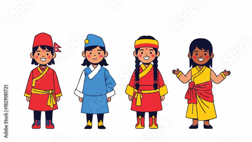 Diverse Group of Children in Colorful Traditional Asian Cultural Attire