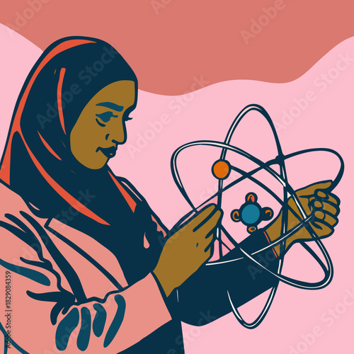 A female scientist in a hijab examines an atom model