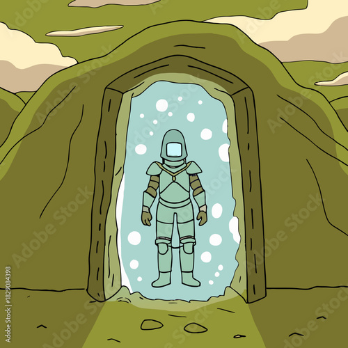 A futuristic knight guarding a glowing cosmic portal in a hillside