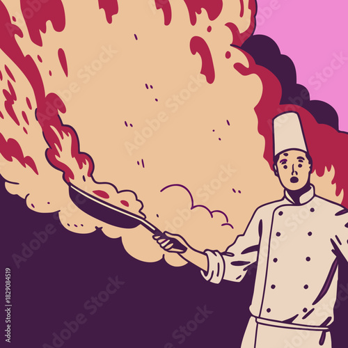 A shocked chef creates a large fire while tossing food in a pan