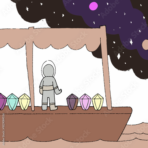 A space merchant in a suit selling glowing gems on a boat