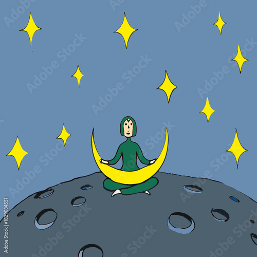 A space traveler meditating on a moon holding a crescent
