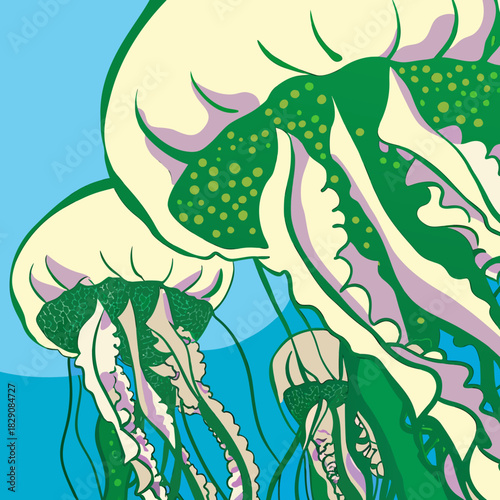 A stylized graphic art of colorful jellyfish floating underwater