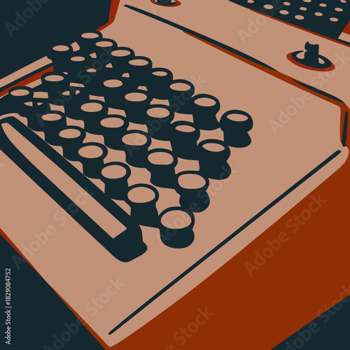 A stylized illustration of a vintage cash register keyboard