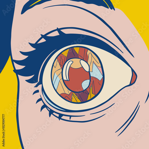 A stylized pop art illustration of a colorful human eye