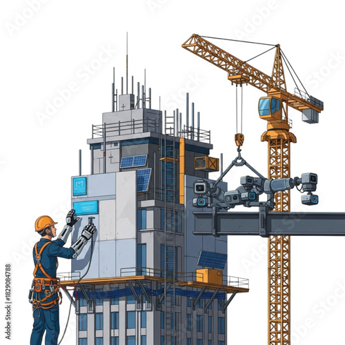 Construction worker with robotic arm installing solar panels on a modern building aided by a crane