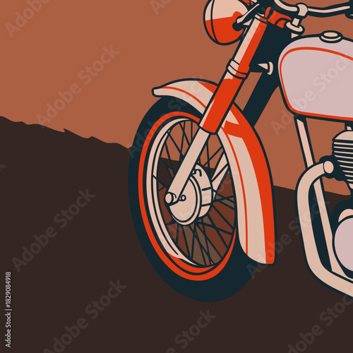 A vintage motorcycle depicted in a bold retro graphic style