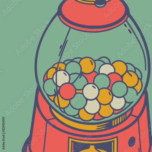 A vintage red gumball machine filled with colorful gumballs