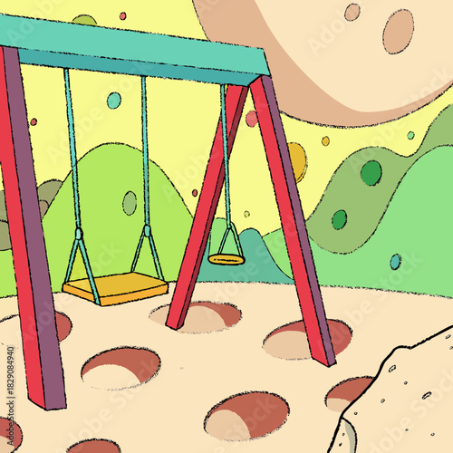 A whimsical swing set on the craters of the moon