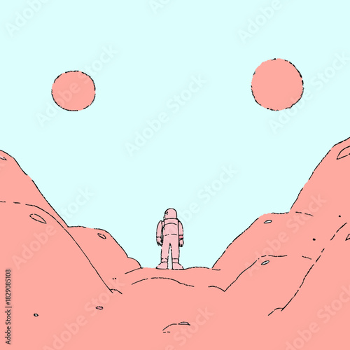 Astronaut standing on a barren red planet with two suns