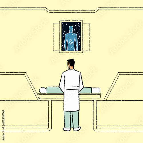 Doctor examining a holographic chart in a futuristic medical lab