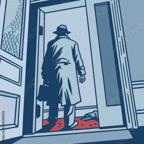 Film noir detective silhouette walking through a doorway