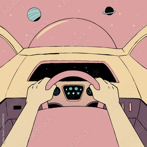 Illustrated view of a pilot steering a spaceship through the galaxy