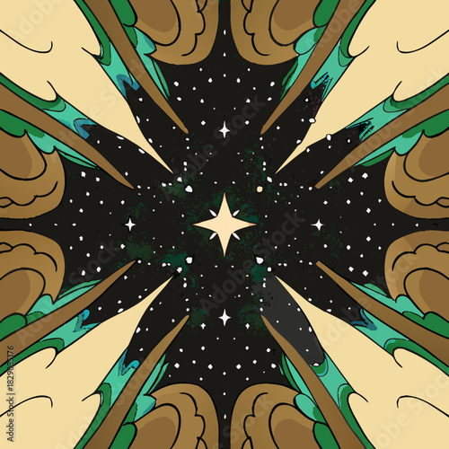 Kaleidoscopic patterns framing a bright star in the cosmic night