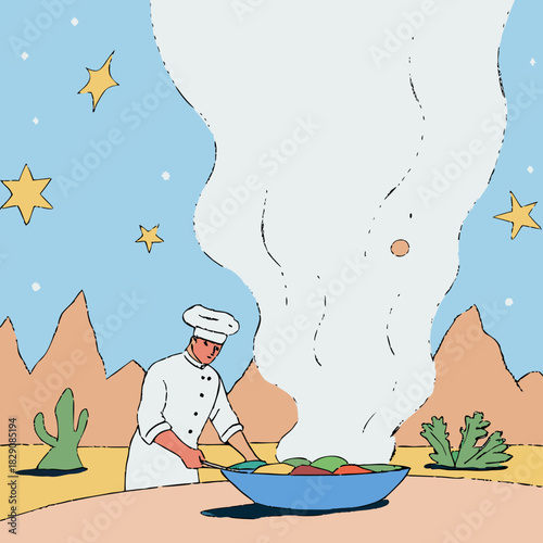Male chef in uniform cooking in a surreal desert landscape