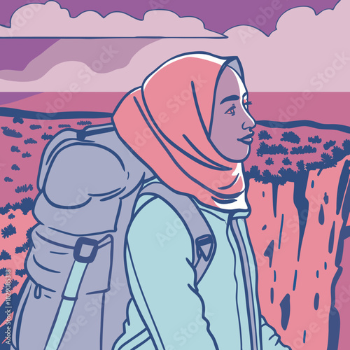 Muslimah hiker in a hijab looking out over a colorful landscape