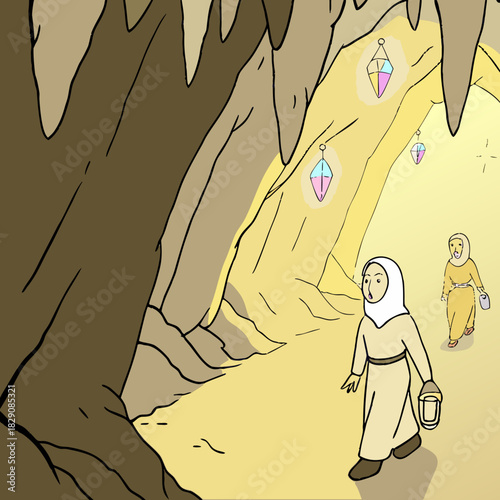 Muslimah guide leading an explorer in a glowing crystal cave