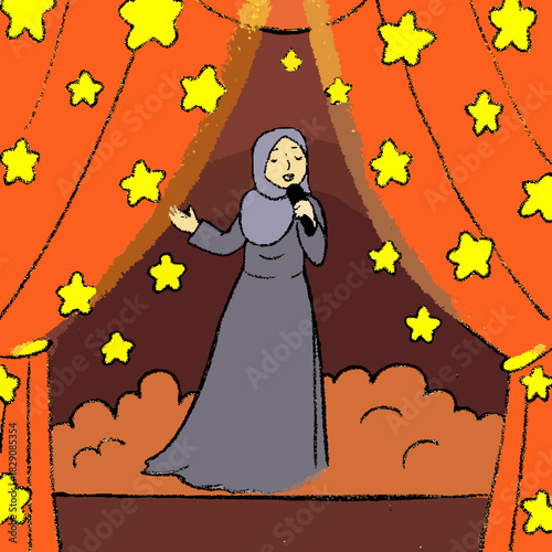 Muslimah singer performing on a stage under a bright spotlight