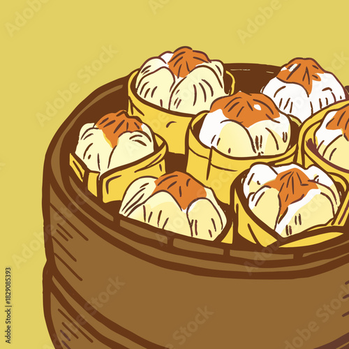 Stylized illustration of dim sum in a bamboo steamer basket