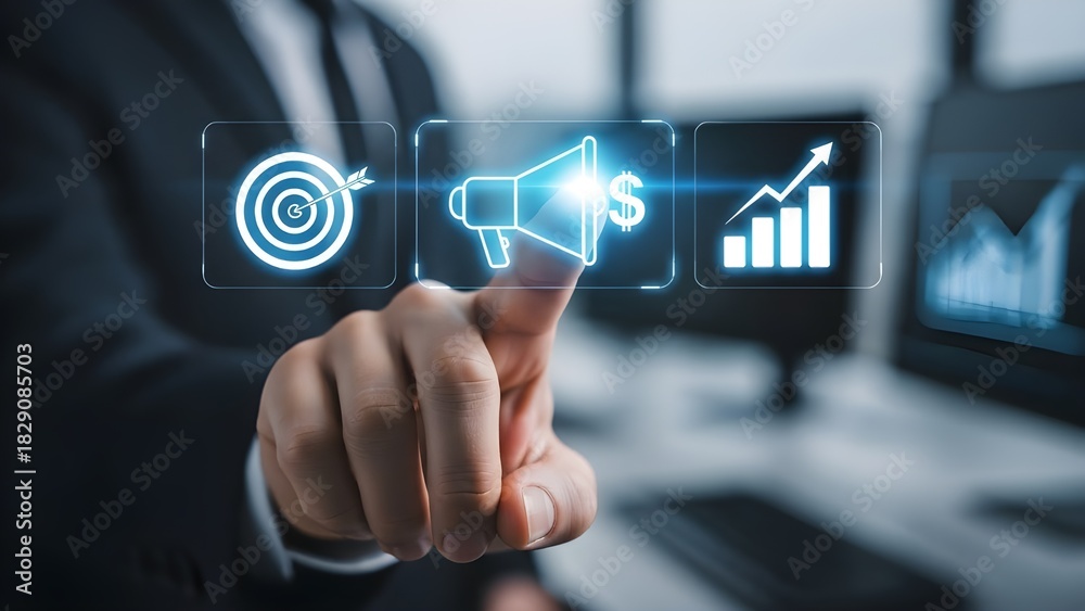 Obraz premium Hand activates digital marketing, achieving targets and growth.