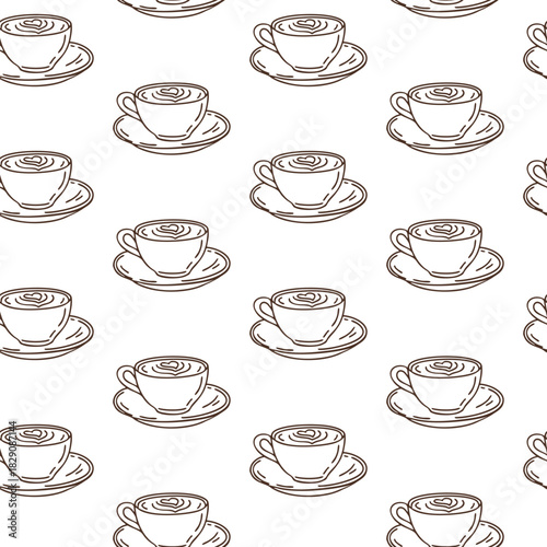 Seamless pattern with hand-drawn cappuccino coffee cups on white background. Vector outline style print.