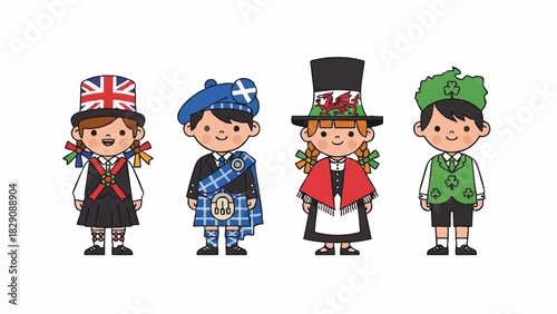 Cute Children Cartoon Characters in Traditional United Kingdom National Costumes