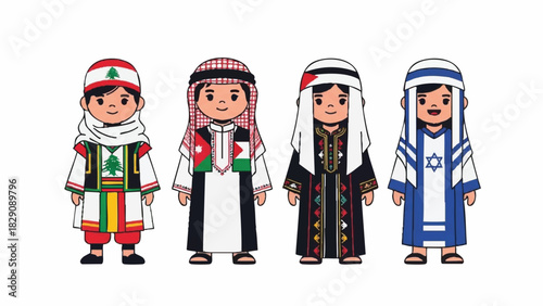 Four Cute Cartoon Children in Traditional Middle Eastern Cultural Attire