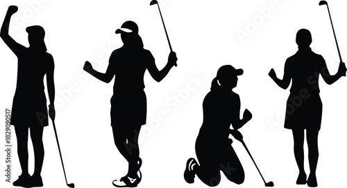 Female golfer silhouettes celebrating victory with golf clubs, dynamic sports poses, black vector artwork, perfect for sports design and illustrations