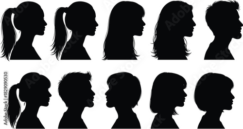 Collection of male and female head silhouettes in diverse profile angles showing various hairstyles for design reference, illustration, branding, vector artwork