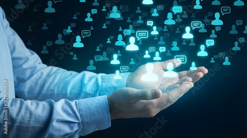 A person's open hands hold glowing human icons and speech bubbles against a dark blue background illustrating connections and communication networks social media people digital technology