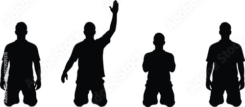 Set of Men Kneeling Silhouettes Vector Illustration, Worship, Prayer, Submission, Surrender, Protest, Raising Hand, Supplication, Religious Graphic Icon.