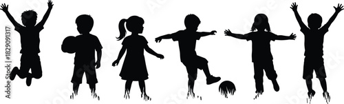 Set of Happy Children Playing Silhouettes Vector Illustration, Kids Jumping, Boys and Girls Running, Soccer, Dynamic Active Fun, Youth and Childhood Graphic Design.