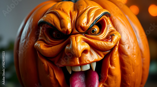 Halloween pumpkin with a realistic face of a man sarcastically mockingly screaming in rage with evil eyes showing a tongue with teeth. Close-up